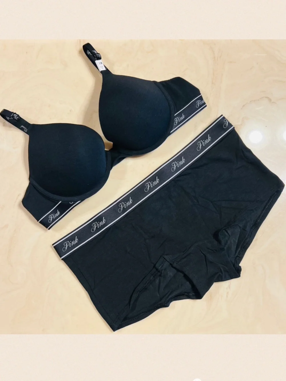 PINK VICTORIA’S SECRET Black Push-Up Bra & Cotton Boyshort Diamante Logo 36B
